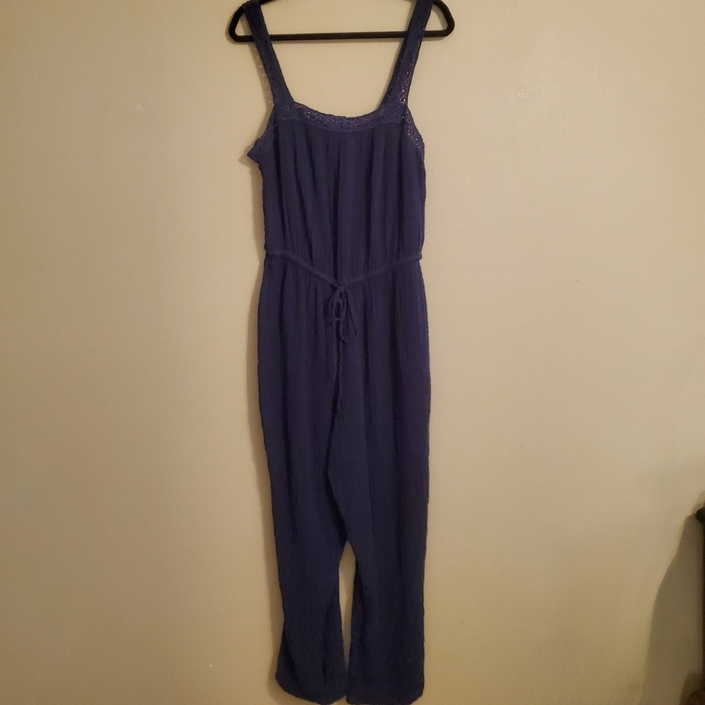 MICHAEL STARS Jodi Navy Blue Gauzy‎ Cotton Cinch Waist Crochet Detail Jumpsuit L